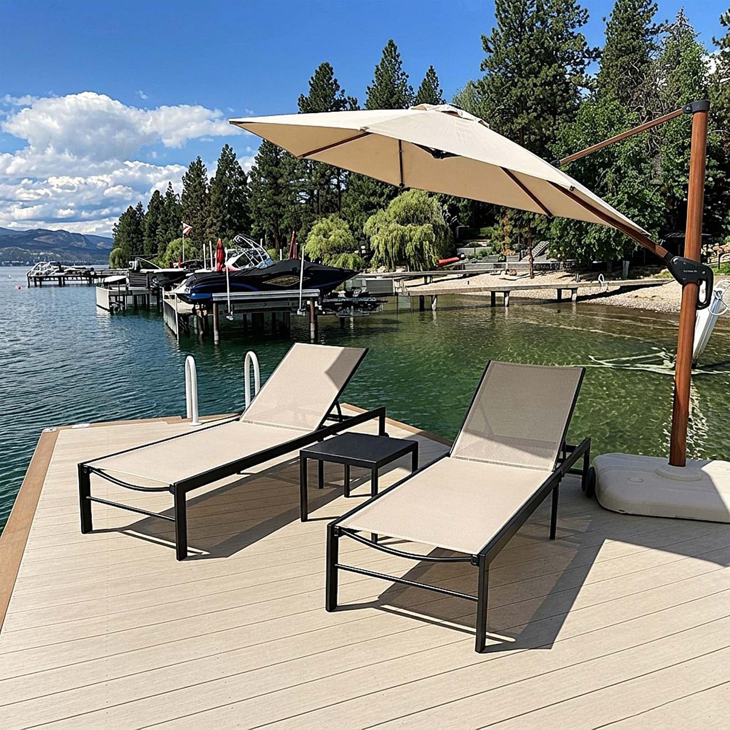 Outdoor Furniture Quick Dry - 屋外用リクライニングチェアセット（車輪とテーブル付き）、ベージュ | 3本の安定した脚、頑丈なアルミフレーム、速乾性、カスタマイズ可能