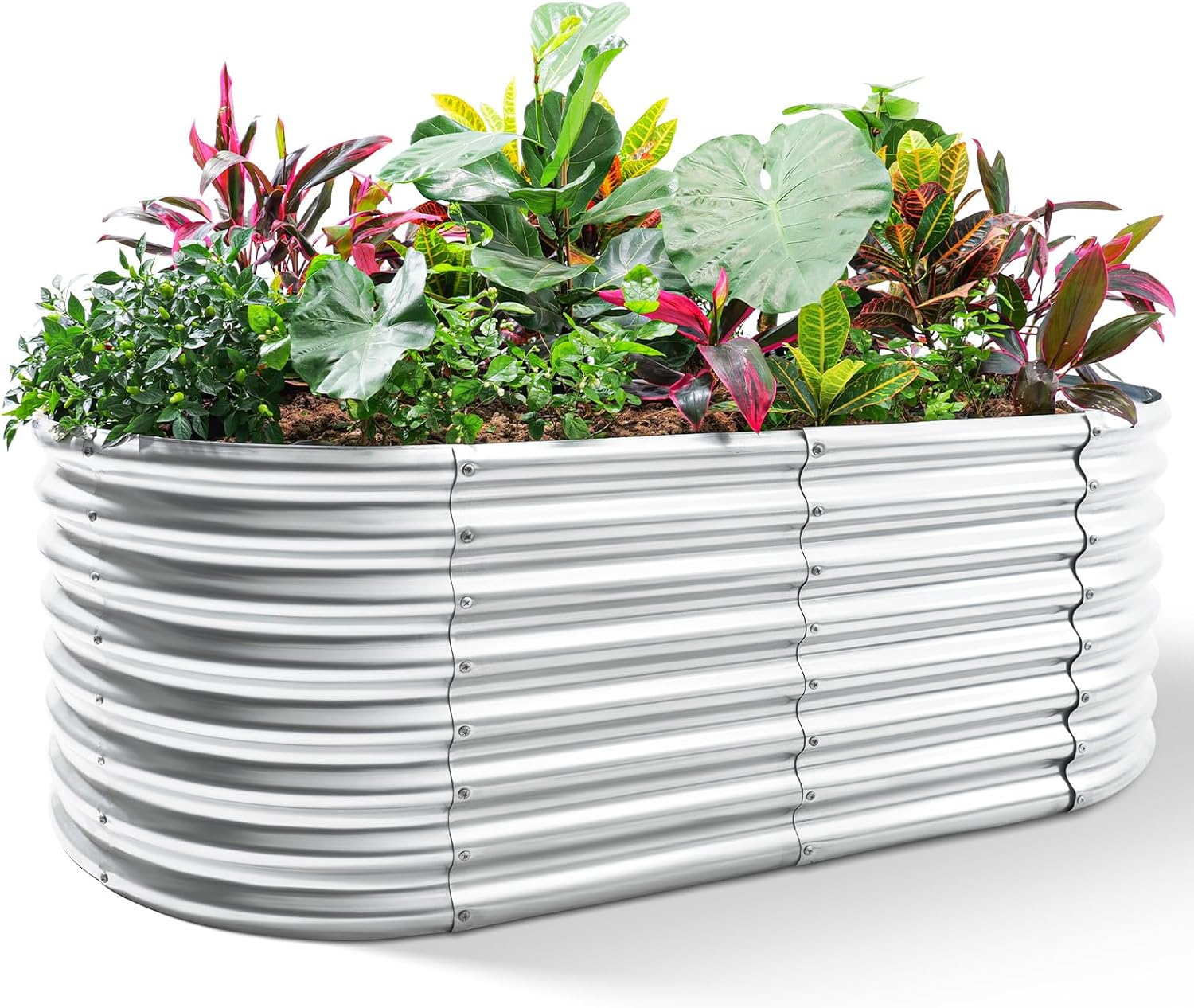 Planter Raised Metal - 亜鉛メッキ仕上げの高床式菜園、8x4x2フィートの屋外プランターボックス、野菜、果物、花用の楕円形大型金属プランターボックス（シルバー）