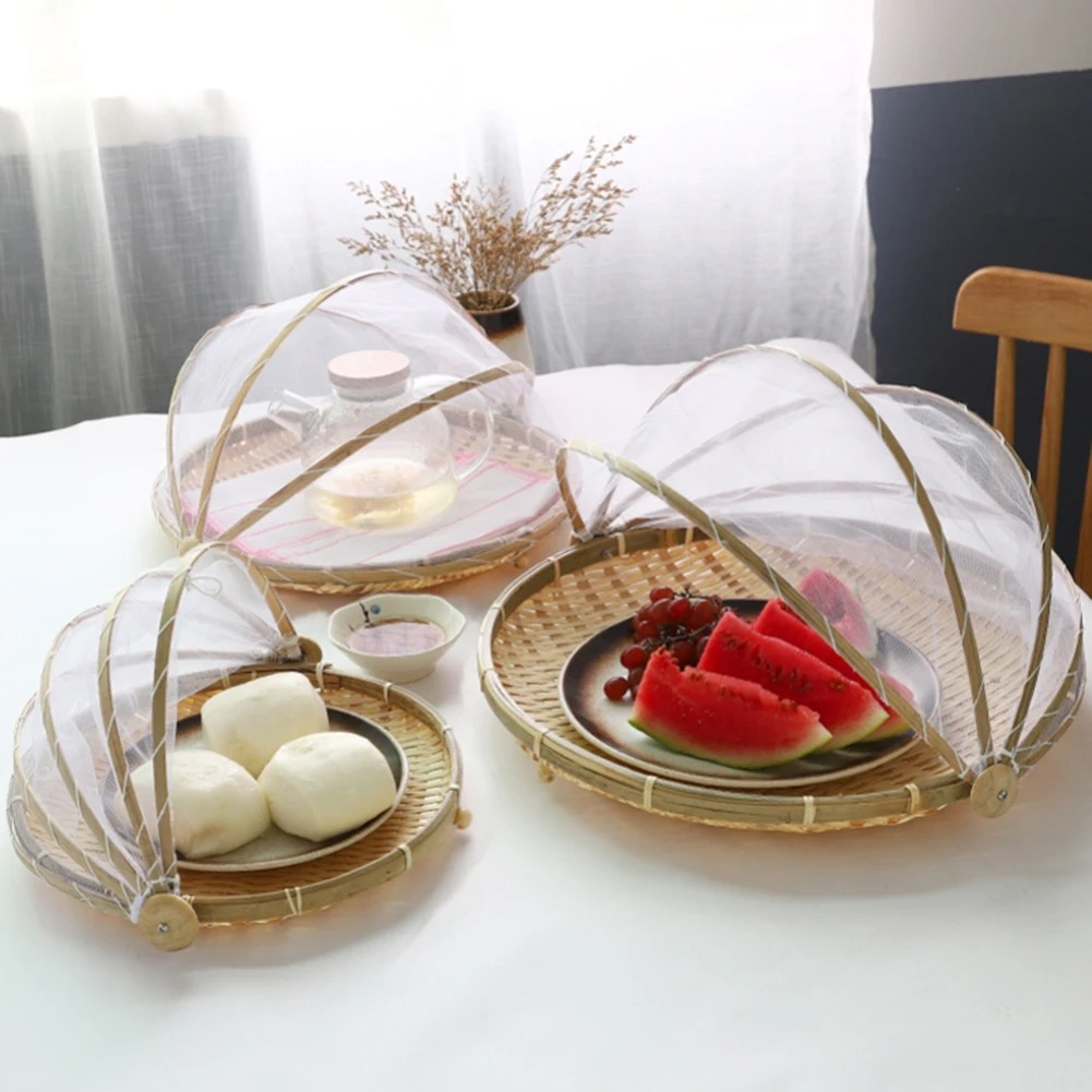 Outdoor Furniture Small - 竹編みバスケット防蚊帳果物野菜バスケットちりとりテントバスケットトレイポータブル屋外ピクニックメッシュネットカバー