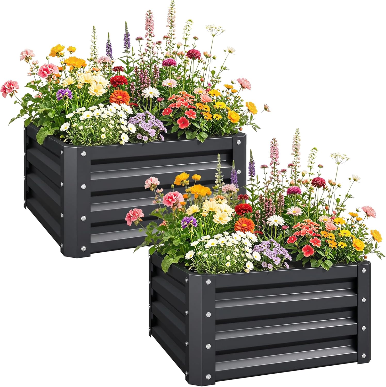 Planter Raised Metal - 2ピース亜鉛メッキ上げ底菜園、2フィート×2フィート×1フィートの金属製プランターボックス、野菜、花、ハーブ、多肉植物の栽培用、ダークグレー