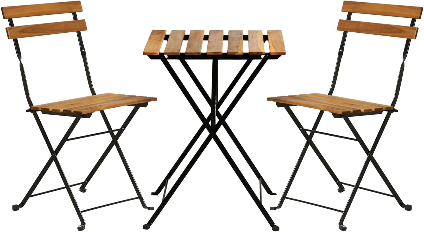 Outdoor Furniture Small - 天然木製3ピース折りたたみ式パティオビストロセット（テーブル1台と折りたたみ式椅子2脚）、アパート、芝生、バルコニー、裏庭での日常の休息に最適な省スペース小型屋外家具
