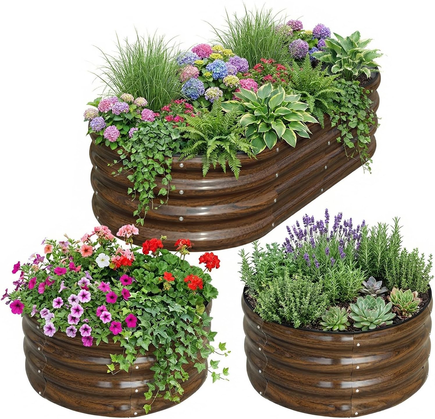 Planter Raised Metal - 3パック亜鉛メッキ鋼製レイズドガーデンベッドキット - 4x2x1フィートと2x2x1フィートの金属製プランターボックス（野菜、花、ハーブ用） | 簡単組み立て、底が開いたデザイン