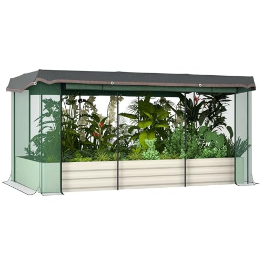 Planter Raised Metal - 7.3 x 3.4 x 1フィートの亜鉛メッキ仕上げの高床式菜園、作物保護ネットと遮光布付き屋根付き金属製プランターボックス（C付き）