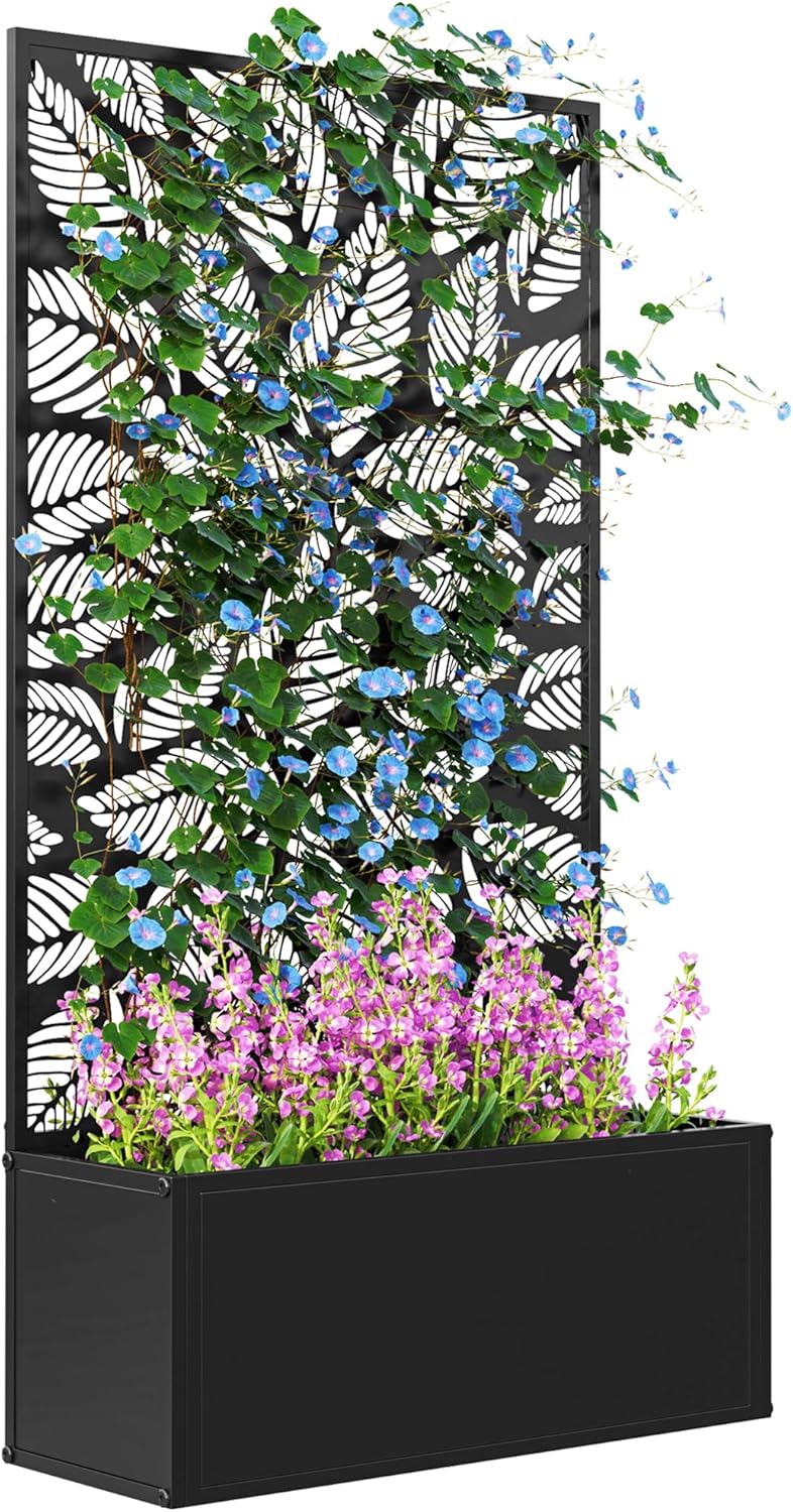 Planter Raised Metal - 金属製の高床式菜園、つる性植物用のトレリス付き、自立式または壁掛け式の花壇、プライバシーパネル付き、小さな葉の切り抜き模様の屋外プランターボックス、庭、パティオ、バルコニー用