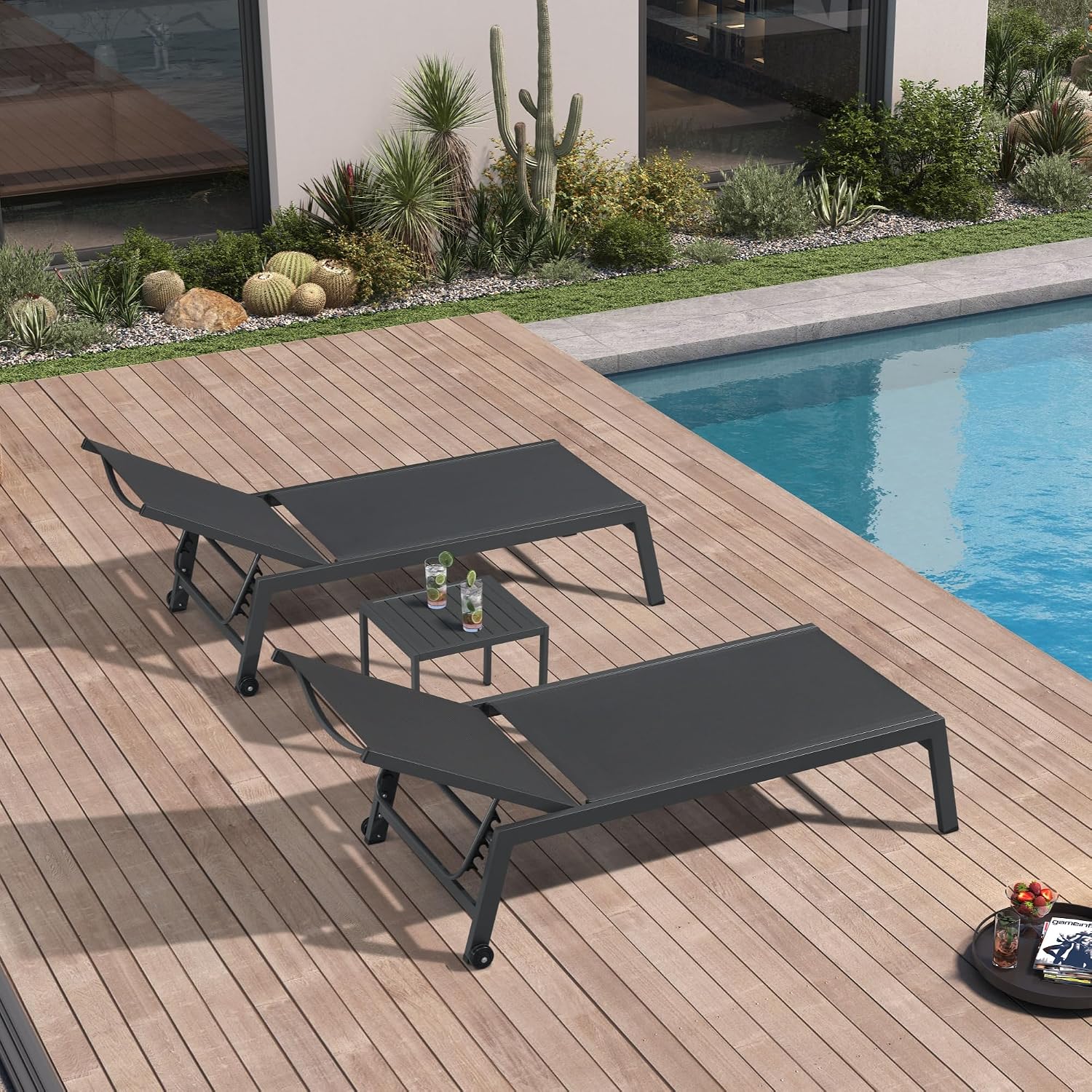 ワイドパティオラウンジチェア2脚セット、サイドテーブル付き、 - Outdoor Furniture Quick Dry のレビューと価格