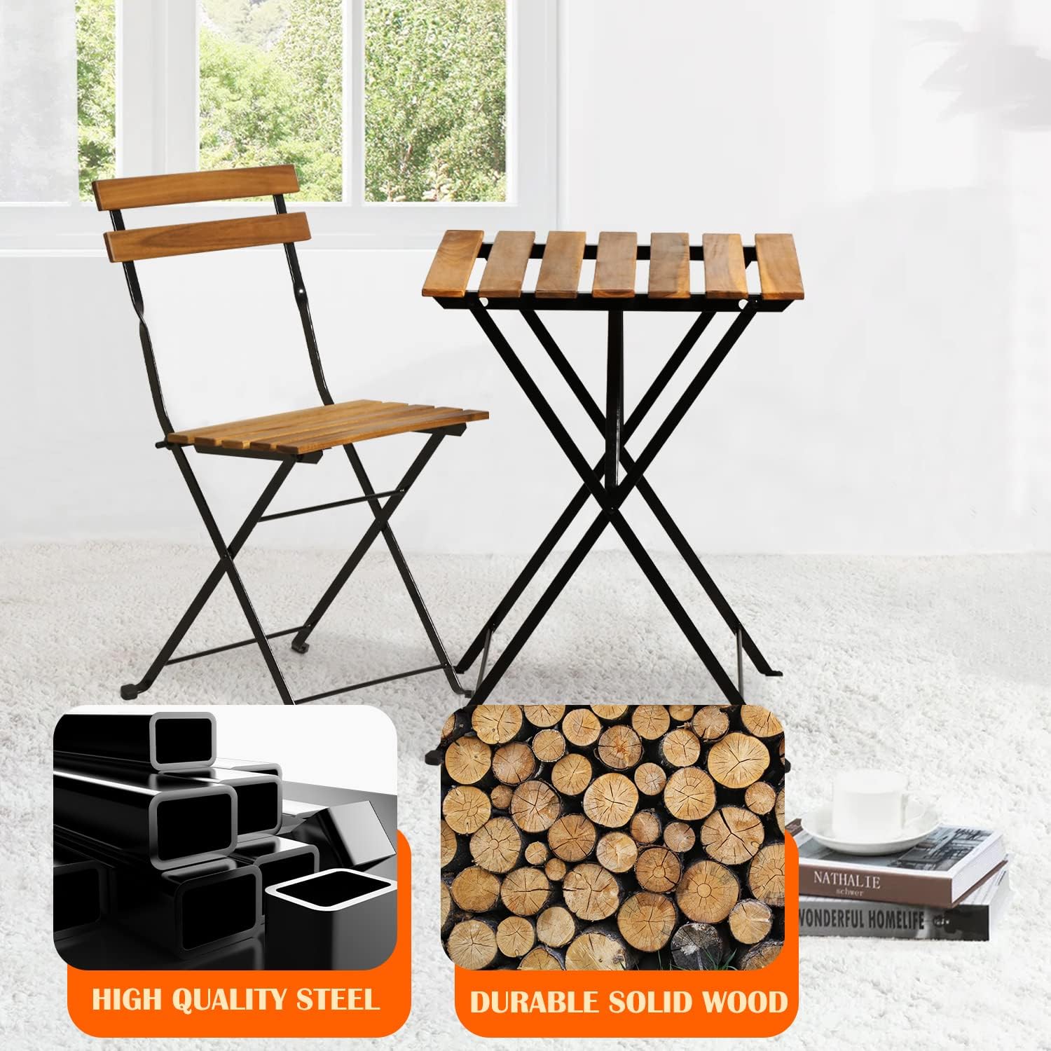 天然木製3ピース折りたたみ式パティオビストロセット（テーブル - Outdoor Furniture Small のレビューと価格