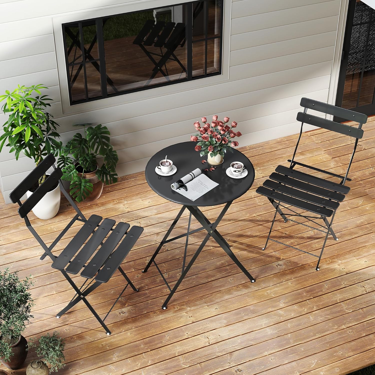 省スペースの黒色の3ピース折りたたみ式屋外ビストロセット。折 - Outdoor Furniture Small のレビューと価格