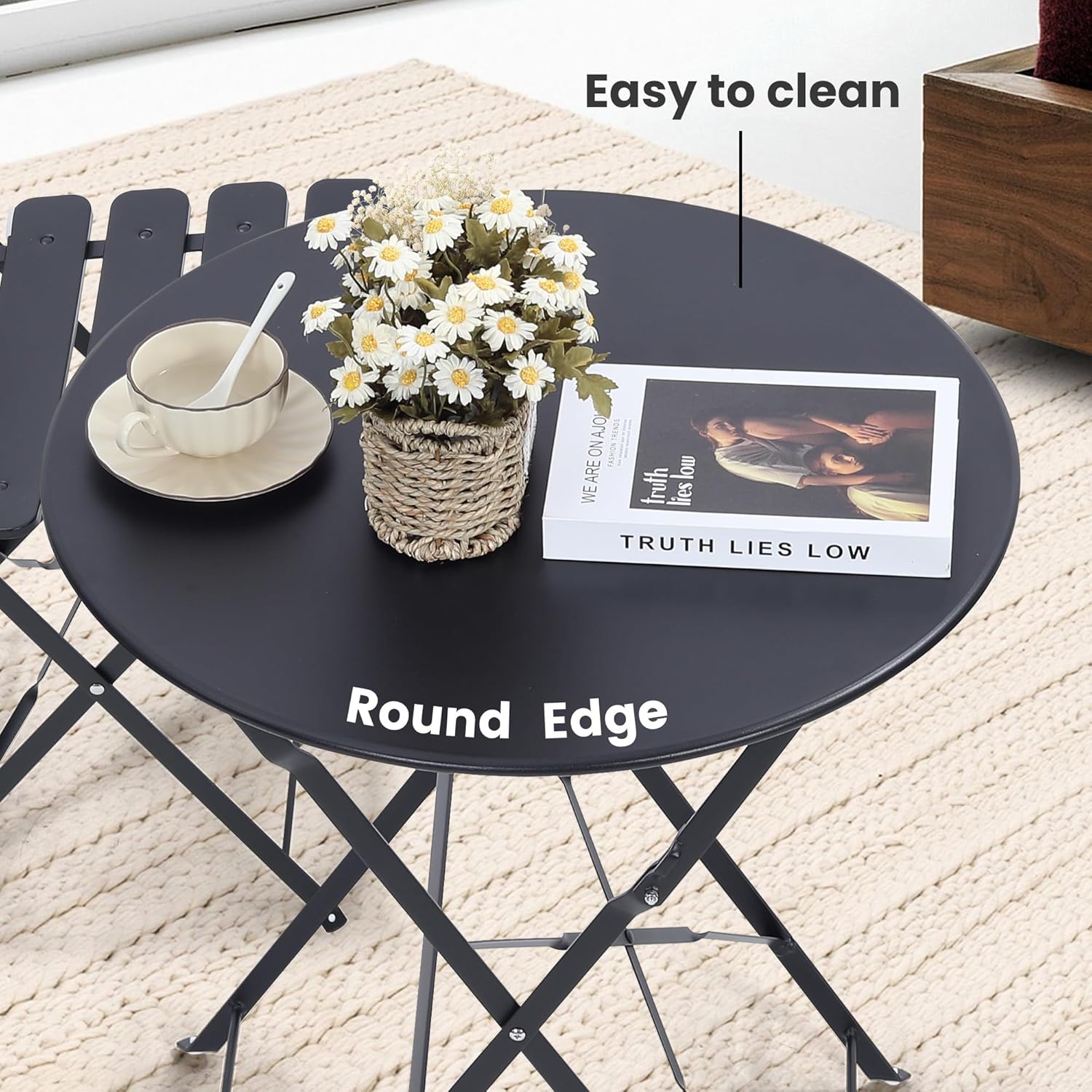 省スペースの黒色の3ピース折りたたみ式屋外ビストロセット。折 - Outdoor Furniture Small のレビューと価格