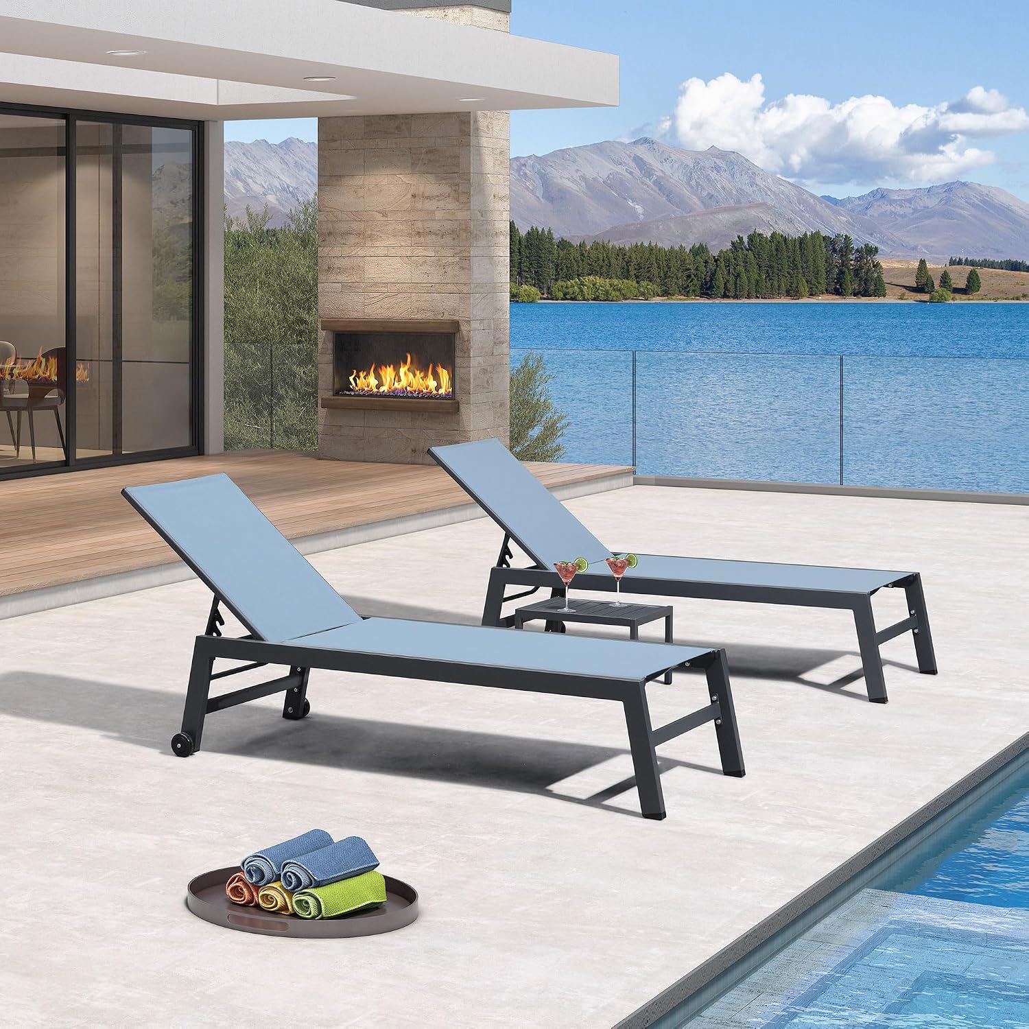 速乾性テキスタイル製2人用ラウンジチェアセット、色褪せ防止メ - Outdoor Furniture Quick Dry のレビューと価格